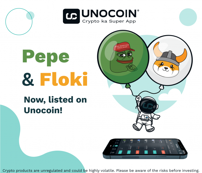 Listing announcement of meme token Floki & Pepe on unocoin