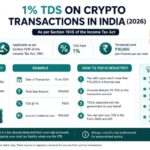 nfographic explaining 1 TDS on crypto transactions in India under Section 194S  showing which transactions attract TDS the ₹10000 threshold and how it is deducted by exchanges like Unocoin