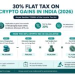 Infographic showing the 30 flat tax rate on crypto gains in India 2026  breakdown of tax calculation on Bitcoin and cryptocurrency profits under Section 115BBH of the Income Tax Act