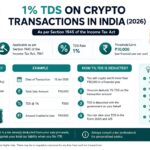 nfographic explaining 1 TDS on crypto transactions in India under Section 194S  showing which transactions attract TDS the ₹10000 threshold and how it is deducted by exchanges like Unocoin