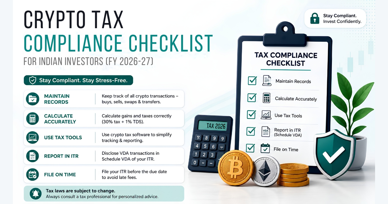 Checklist of crypto tax compliance tips for Indian investors in 2026  including maintaining transaction records using crypto tax software and filing ITR on time with Schedule VDA