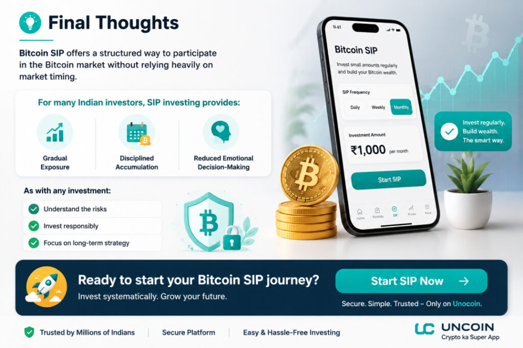 Bitcoin SIP infographic showing disciplined Bitcoin investing through systematic investment plans on Unocoin with benefits like gradual exposure reduced emotional investing and long term wealth building