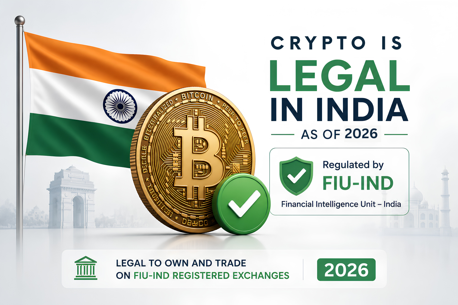 Crypto is legal to own and trade in India as of 2026 under FIU IND regulated exchanges