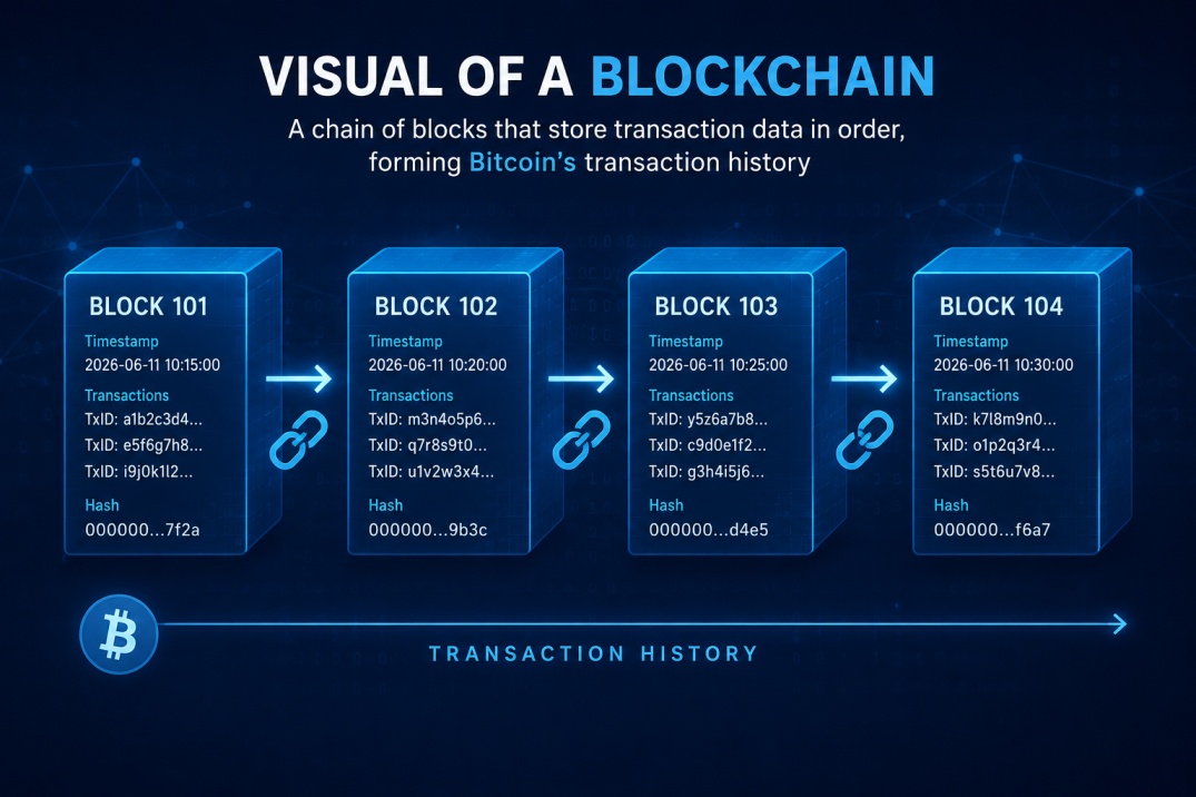 A blockchain is a chain of data blocks each one linked to the last making tampering impossible | Unocoin Blog Visual of a blockchain a chain of blue blocks each containing transaction data with an arrow showing they are linked together in order representing Bitcoin's transaction history