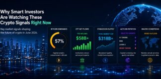 Crypto Signals What Smart Investors Are Watching These! Infographic with a city skyline and five data cards showing crypto signals: Bitcoin dominance 57%, $58B+ YTD inflows, $318B+ total market cap, altcoin rotation, and mixed macro outlook.
