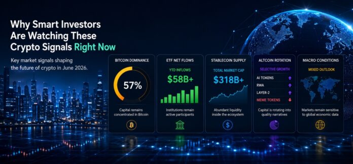 Infographic with a city skyline and five data cards showing crypto signals: Bitcoin dominance 57%, $58B+ YTD inflows, $318B+ total market cap, altcoin rotation, and mixed macro outlook.