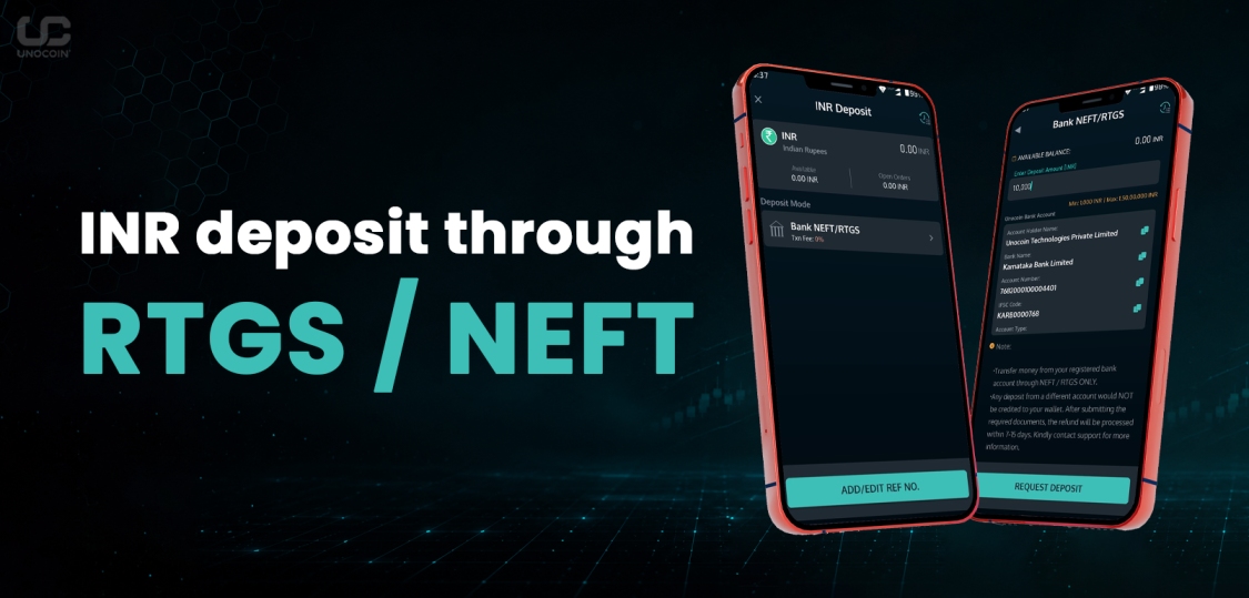 Screenshot of the Unocoin deposit screen showing UPI payment option selected with the amount field and bank transfer details to add Indian Rupees to a Unocoin wallet