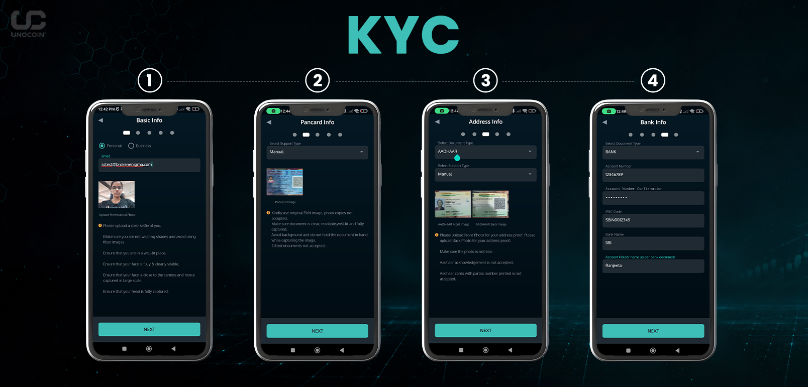 Screenshot of the Unocoin KYC verification screen where users upload their PAN card and Aadhaar card to complete identity verification before buying cryptocurrency in India