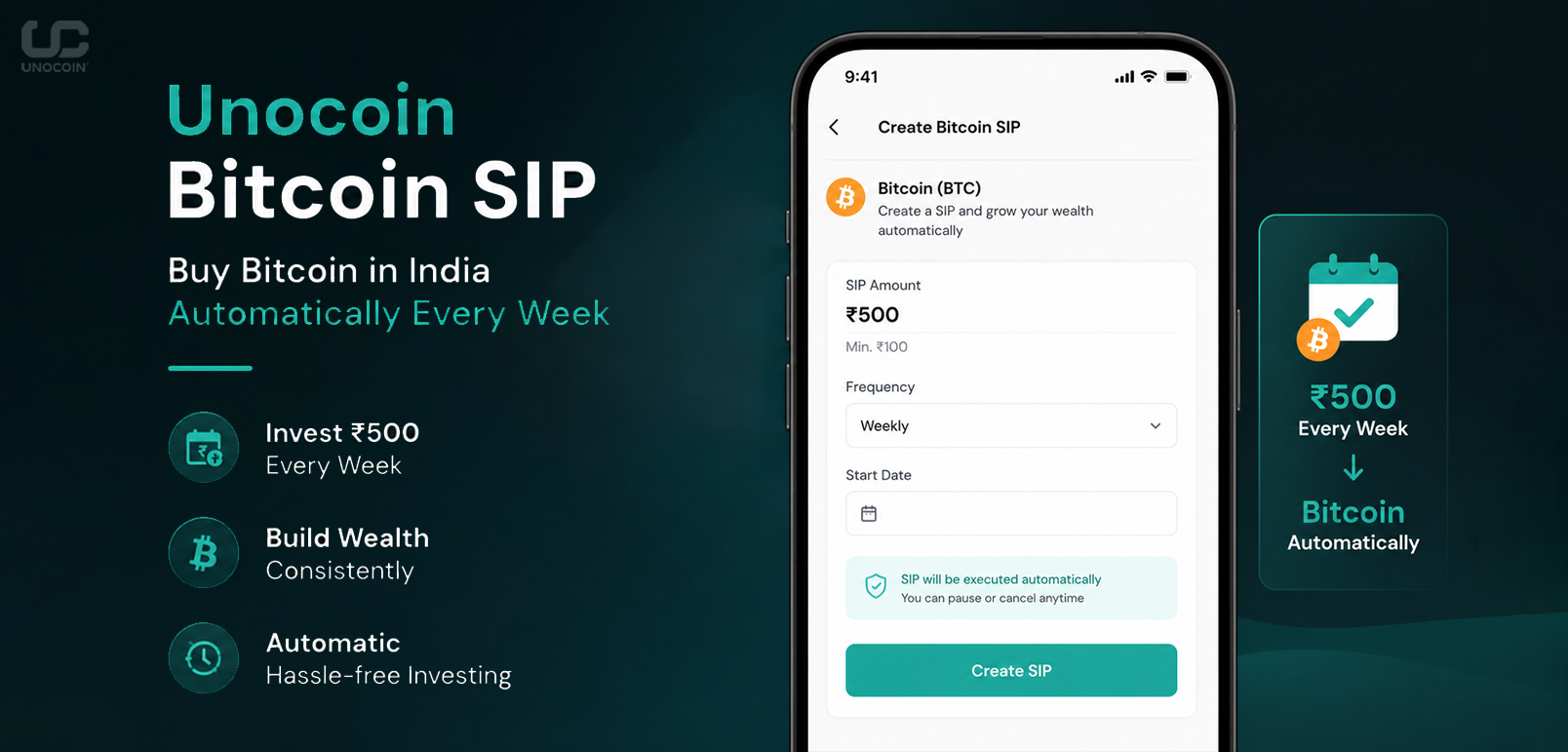 Screenshot of the Unocoin Bitcoin SIP feature showing how to set up an automatic weekly investment of ₹500 into Bitcoin in India  demonstrating the Systematic Investment Plan for crypto
