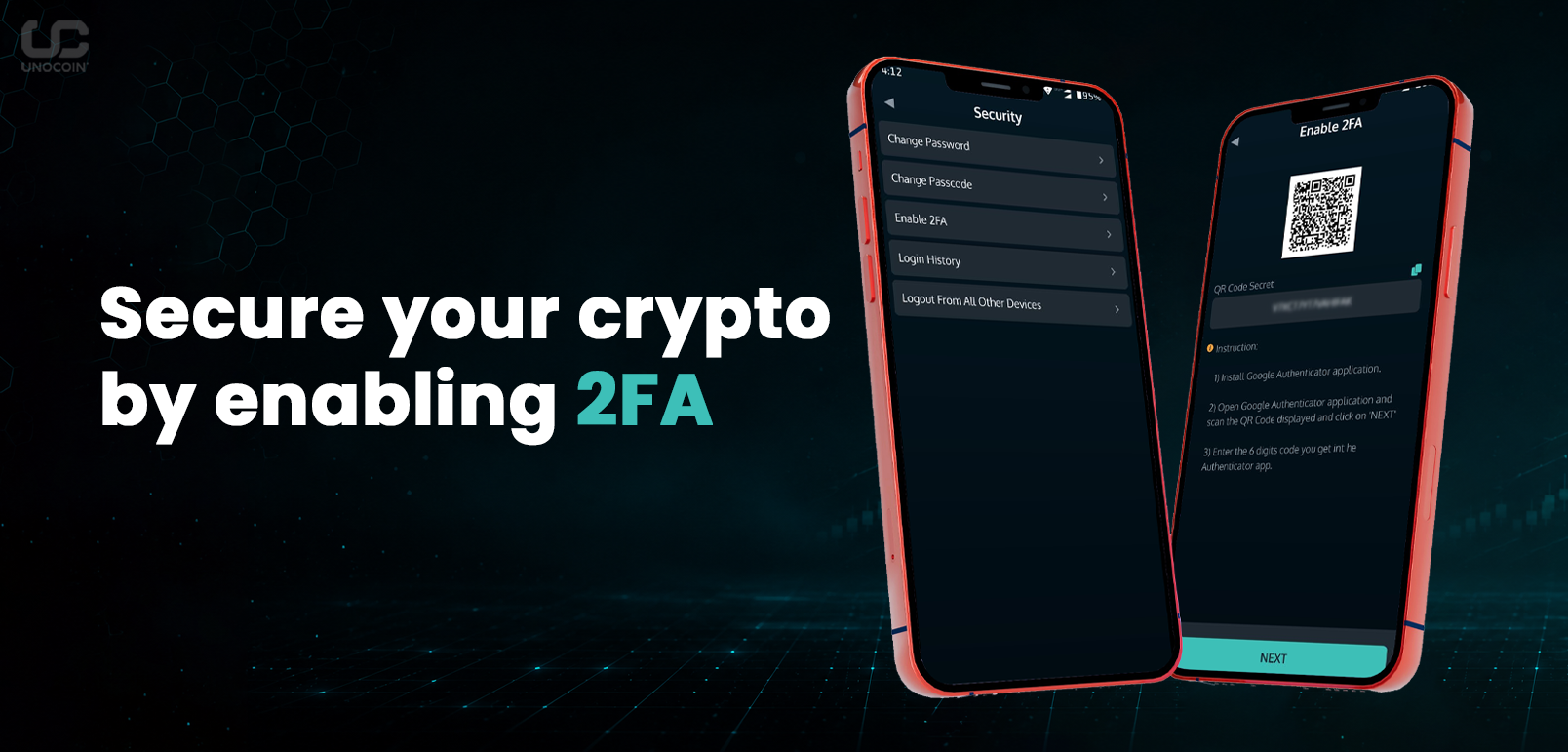 Screenshot of the Unocoin two factor authentication setup screen showing the Google Authenticator QR code and instructions to secure a Unocoin crypto trading account in India