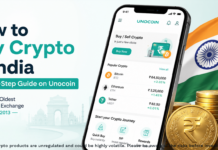 How to Buy Crypto in India Step-by-Step Guide 2026 Step-by-step guide on how to buy crypto in India on Unocoin — India's oldest Bitcoin exchange — showing a smartphone with the Unocoin app and Bitcoin symbol with Indian Rupee