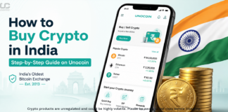 How to Buy Crypto in India Step-by-Step Guide 2026 Step-by-step guide on how to buy crypto in India on Unocoin — India's oldest Bitcoin exchange — showing a smartphone with the Unocoin app and Bitcoin symbol with Indian Rupee