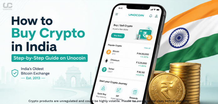 Step-by-step guide on how to buy crypto in India on Unocoin — India's oldest Bitcoin exchange — showing a smartphone with the Unocoin app and Bitcoin symbol with Indian Rupee
