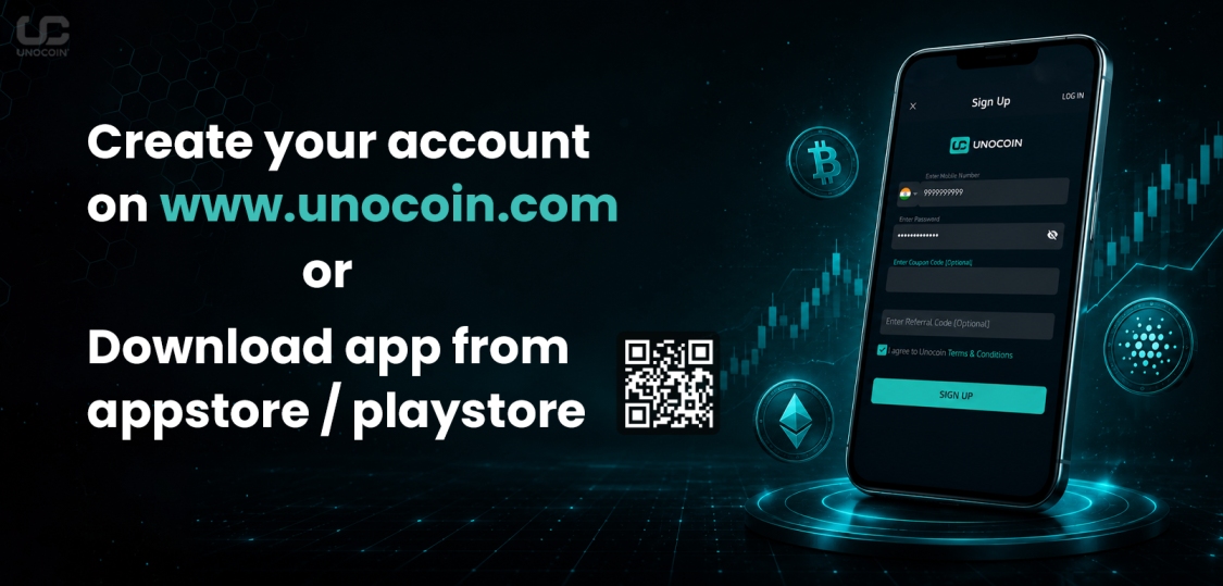 Screenshot of the Unocoin sign up page at unocoincom showing the registration form with email mobile number and password fields to create an account and buy crypto in India