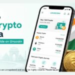 Step by step guide on how to buy crypto in India on Unocoin  Indias oldest Bitcoin exchange  showing a smartphone with the Unocoin app and Bitcoin symbol with Indian Rupee