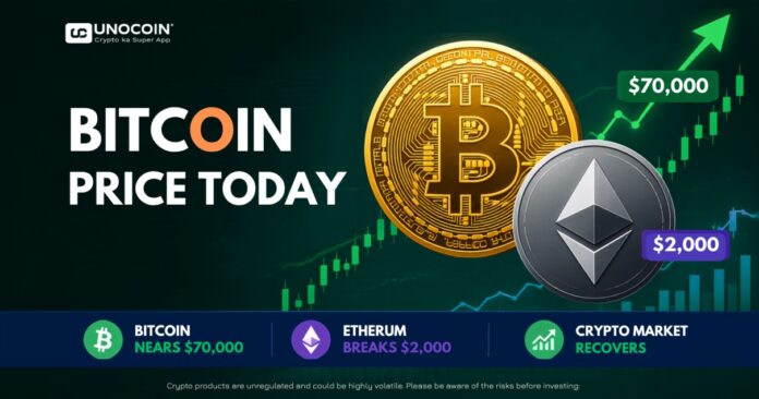 Bitcoin price today August 2026 — BTC approaches $70,000 as Ethereum breaks $2,000 and crypto market rebounds, showing Bitcoin price chart and crypto market recovery for Indian investors
