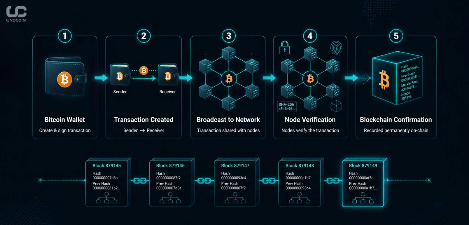 Bitcoin transaction process from wallet to blockchain