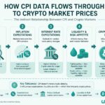 Flow diagram showing how CPI data affects crypto markets  from inflation data to interest rate expectations to liquidity and risk appetite to Bitcoin price illustrating the indirect relationship between CPI and crypto